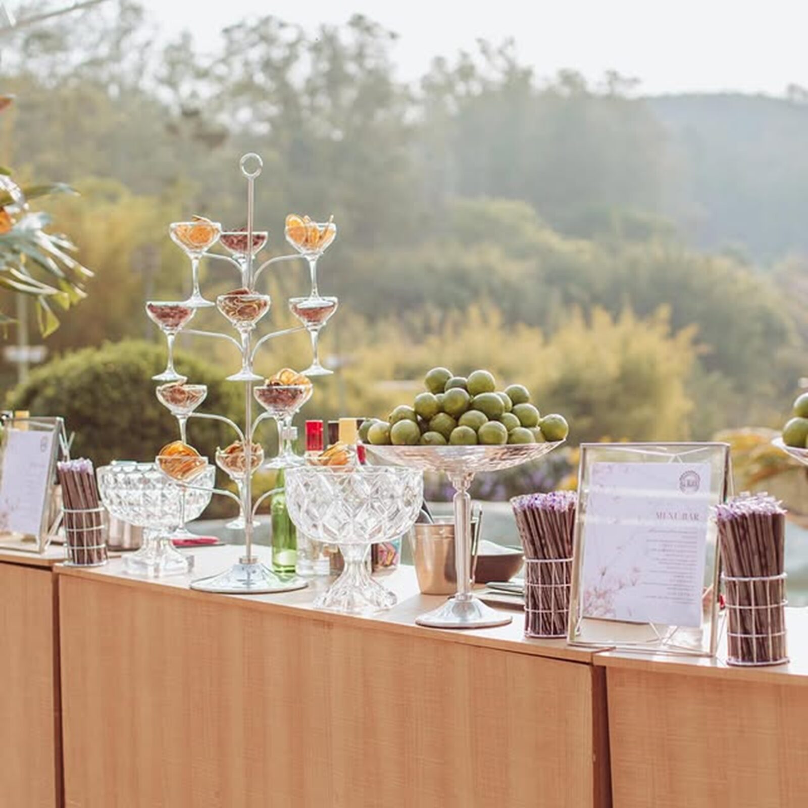 Balcão de bar montado com taças, limões e garnishes
